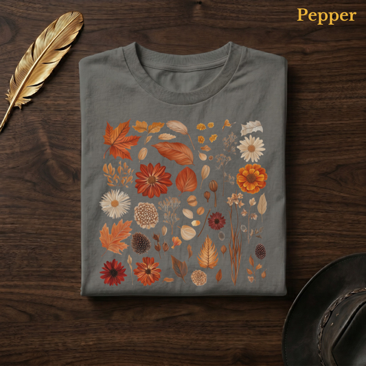 Autumn Field Guide Comfort Colors t-shirt in Pepper dark charcoal, folded on dark wood with gold feather quill and brown hat, showing the full-colour watercolour botanical autumn specimen grid of leaves, flowers, pine cones, and seed heads — the warm terracotta and orange tones of the collection luminous against the deep earthy charcoal garment — the same colourway as the bathroom mirror selfie hero shot
