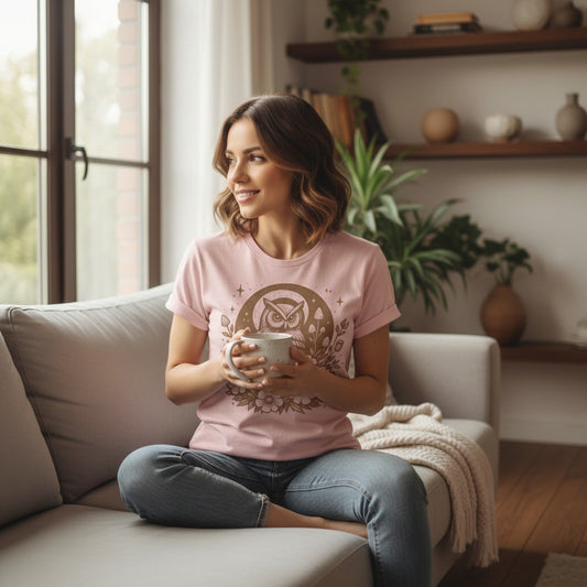 Woman wearing the Celestial Owl Full Moon Comfort Colors t-shirt in Blossom soft pink, sitting cross-legged on a sofa with a warm mug, smiling and looking out the window in a cozy home setting with houseplants and wooden floating shelves — the celestial owl and full moon wildflower design visible in warm earthy tone on the chest