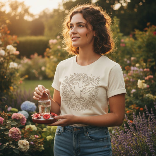 Smiling woman wearing the Hummingbird Wildflower Wreath Comfort Colors t-shirt in Ivory cream, standing in a lush cottage garden at golden hour surrounded by roses, hydrangeas, and colourful blooms, holding a small red hummingbird feeder — the botanical wildflower wreath illustration visible in warm sandy tone on the chest