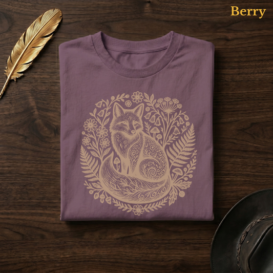 Celtic Fox Medallion Comfort Colors t-shirt in Berry mauve, flat lay on dark wood with gold feather quill, displaying the warm earthy circular fox medallion folk art illustration in fine detailed linework