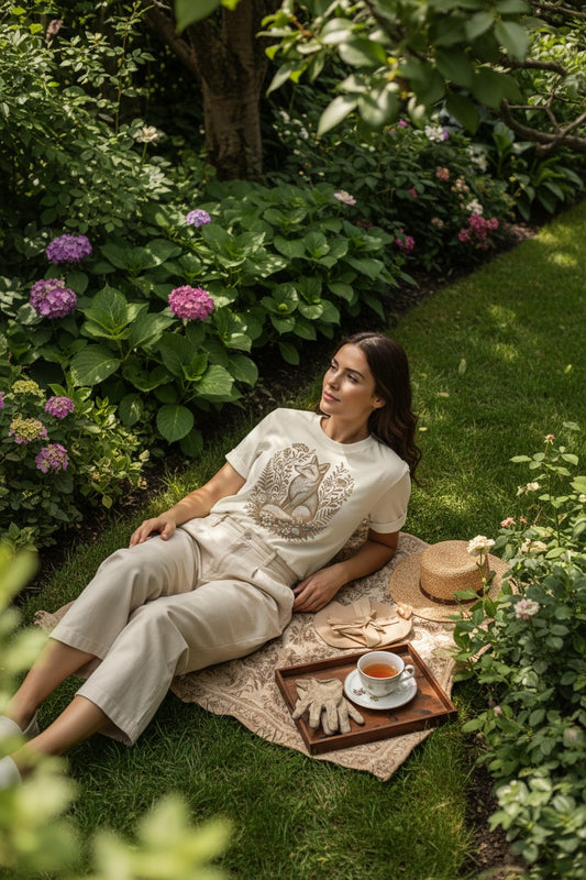 Woman wearing the Woodland Fox Folk Print Comfort Colors t-shirt in Ivory cream, lying on a blanket on green grass in a lush garden surrounded by pink and blue hydrangeas and trees, with a tea tray and gardening gloves resting beside her in a peaceful afternoon scene
