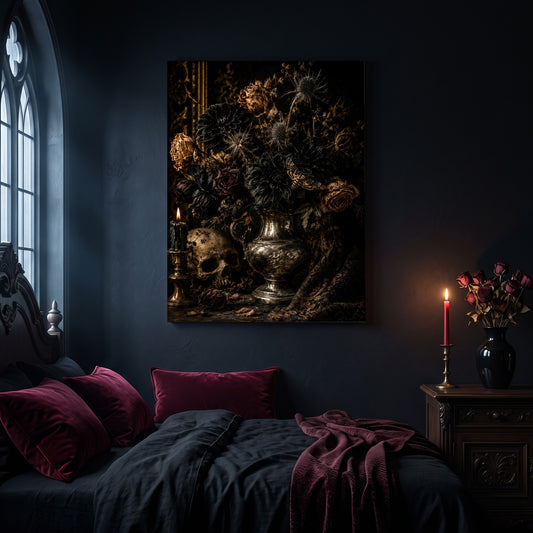 Threnody still life canvas hanging on a dark navy wall in a gothic bedroom, above a bed with burgundy velvet pillows and charcoal bedding, beside an arched leaded window and a wooden nightstand holding a lit red taper candle in a brass holder and a black vase of dried roses.