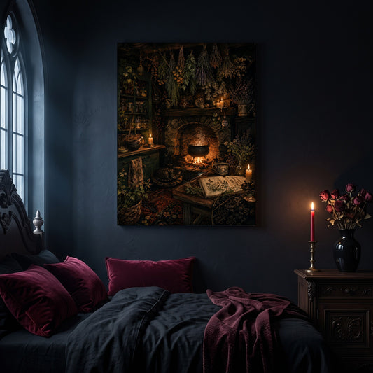The Familiar's Fire hearth canvas hanging on a dark navy wall in a gothic bedroom, above a bed with burgundy velvet pillows and charcoal bedding, beside an arched leaded window and a wooden nightstand holding a lit red taper candle in a brass holder and a black vase of dried roses.