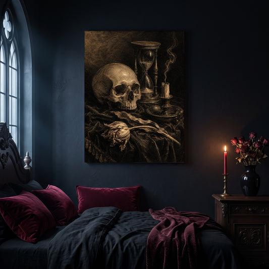 Compline hourglass vanitas canvas hanging on a dark navy wall in a gothic bedroom, above a bed with burgundy velvet pillows and charcoal bedding, beside an arched leaded window and a wooden nightstand holding a lit red taper candle in a brass holder and a black vase of dried roses.