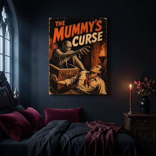 Ten-Cent Terror pulp mummy canvas hanging on a dark navy wall in a gothic bedroom, above a bed with burgundy velvet pillows and charcoal bedding, beside an arched leaded window and a wooden nightstand holding a lit red taper candle in a brass holder and a black vase of dried roses.