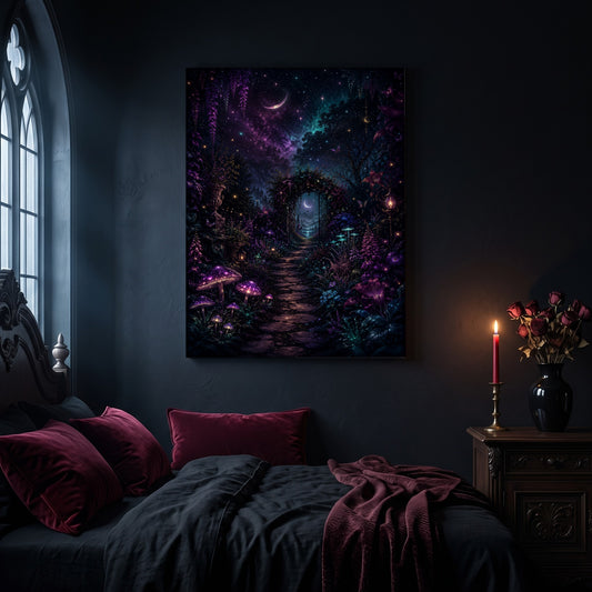 The Midnight Garden canvas hanging on a dark navy wall in a gothic bedroom, above a bed with burgundy velvet pillows and charcoal bedding, beside an arched leaded window and a wooden nightstand holding a lit red taper candle in a brass holder and a black vase of dried roses.