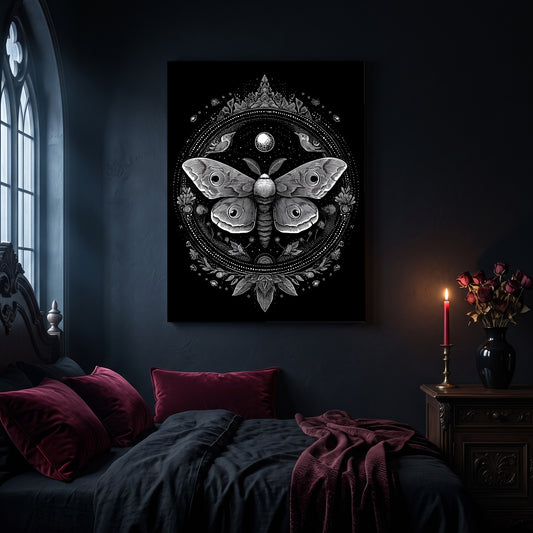 Vespers moth mandala canvas hanging on a dark navy wall in a gothic bedroom, above a bed with burgundy velvet pillows and charcoal bedding, beside an arched leaded window and a wooden nightstand holding a lit red taper candle in a brass holder and a black vase of dried roses.