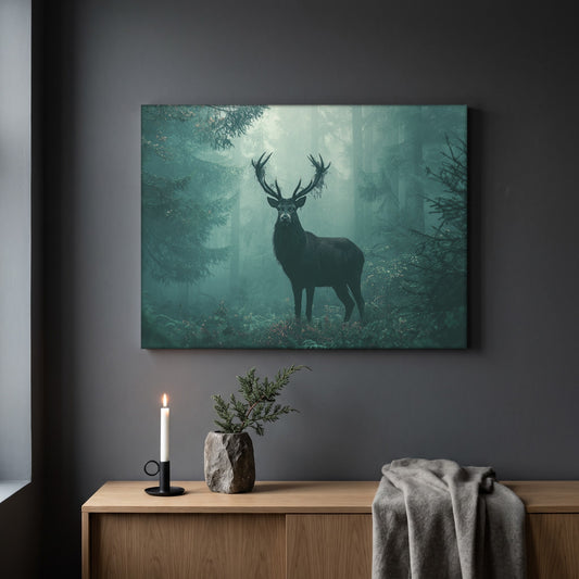 The Green Chapel woodland print hanging on a plain dark grey wall above a light oak sideboard, styled with a lit white taper candle in a black holder, a stone vase of juniper, and a soft grey throw draped over the end.
