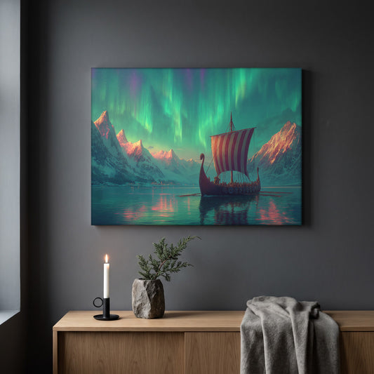 Vinland landfall print hanging on a plain dark grey wall above a light oak sideboard, styled with a lit white taper candle in a black holder, a stone vase of juniper, and a soft grey throw draped over the end.