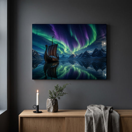Drakkar northern lights print hanging on a plain dark grey wall above a light oak sideboard, styled with a lit white taper candle in a black holder, a stone vase of juniper, and a soft grey throw draped over the end.