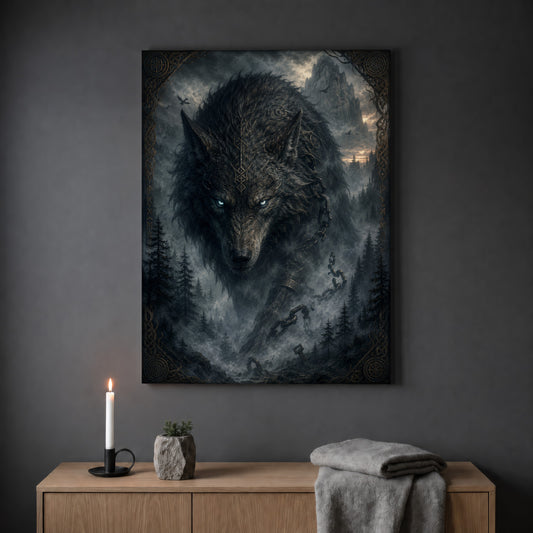 Vanagandr wolf portrait print hanging on a plain grey wall above a light oak sideboard, styled with a lit white taper candle in a black holder, a small stone pot of greenery and a folded grey throw.