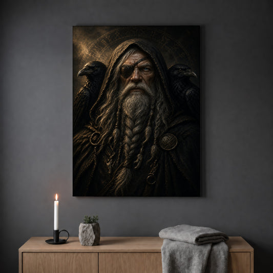 The Allfather norse god print hanging on a plain grey wall above a light oak sideboard, styled with a lit white taper candle in a black holder, a small stone pot of greenery and a folded grey throw.