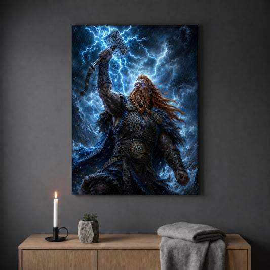 Mjölnir lightning print hanging on a plain grey wall above a light oak sideboard, styled with a lit white taper candle in a black holder, a small stone pot of greenery and a folded grey throw.