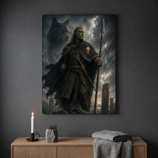 Tyr norse print hanging on a plain grey wall above a light oak sideboard, styled with a lit white taper candle in a black holder, a small stone pot of greenery and a folded grey throw.