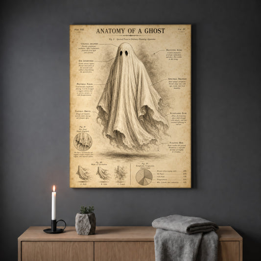 Drift, Glide, Vanish canvas hanging on a plain grey wall above a light wood sideboard, styled with a lit white candle in a black candlestick, a small stone pot of greenery and a folded grey throw.