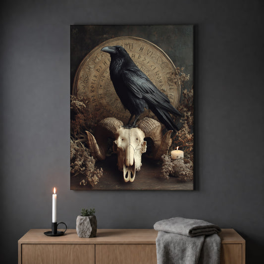Hrafn still life print hanging on a plain grey wall above a light oak sideboard, styled with a lit white taper candle in a black holder, a small stone pot of greenery and a folded grey throw.
