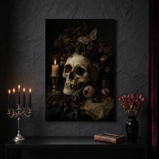 Requiem memento mori canvas on a dark slate stone wall above a black console table, with a five-arm silver candelabra of lit black tapers, an antique iron key resting on a worn leather book, and a black vase of dried roses beside a burgundy velvet curtain.