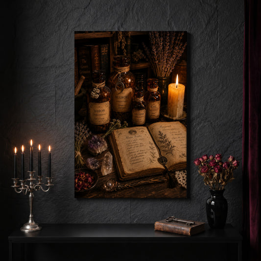 The Still Room witchy canvas on a dark slate stone wall above a black console table, with a five-arm silver candelabra of lit black tapers, an antique iron key resting on a worn leather book, and a black vase of dried roses beside a burgundy velvet curtain.