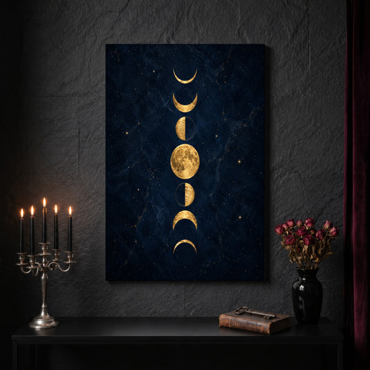 Lunarium celestial canvas on a dark slate stone wall above a black console table, with a five-arm silver candelabra of lit black tapers, an antique iron key resting on a worn leather book, and a black vase of dried roses beside a burgundy velvet curtain.