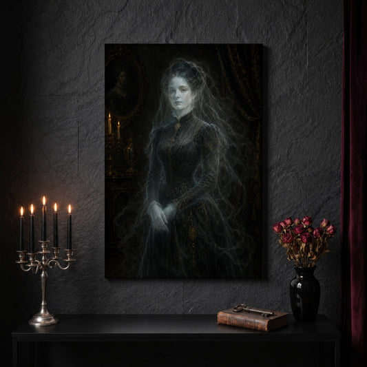 The Grey Lady portrait canvas on a dark slate stone wall above a black console table, with a five-arm silver candelabra of lit black tapers, an antique iron key resting on a worn leather book, and a black vase of dried roses beside a burgundy velvet curtain.