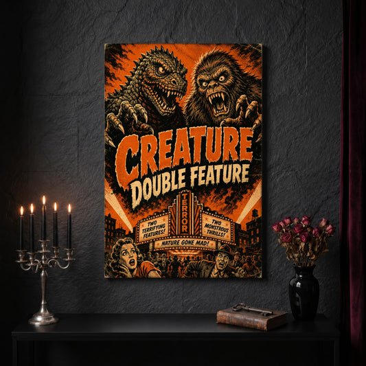 Marquee Mayhem B-movie canvas on a dark slate stone wall above a black console table, with a five-arm silver candelabra of lit black tapers, an antique iron key resting on a worn leather book, and a black vase of dried roses beside a burgundy velvet curtain.