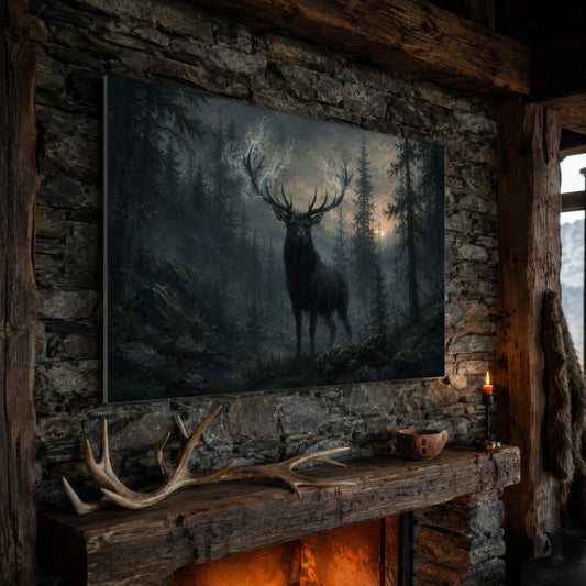 Cernunnos wide woodland canvas hanging on a rough stone chimney breast above a rustic timber mantel, with large shed antlers, a carved wooden bowl and a lit red candle along the beam, firelight glowing from the hearth below and a mountain window to the right.