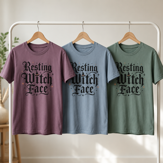Resting Witch Face tee shown in three colorways on wooden hangers on a clothing rack: Berry, Blue Jean, and Blue Spruce, each with the blackletter witch design centred on the chest.