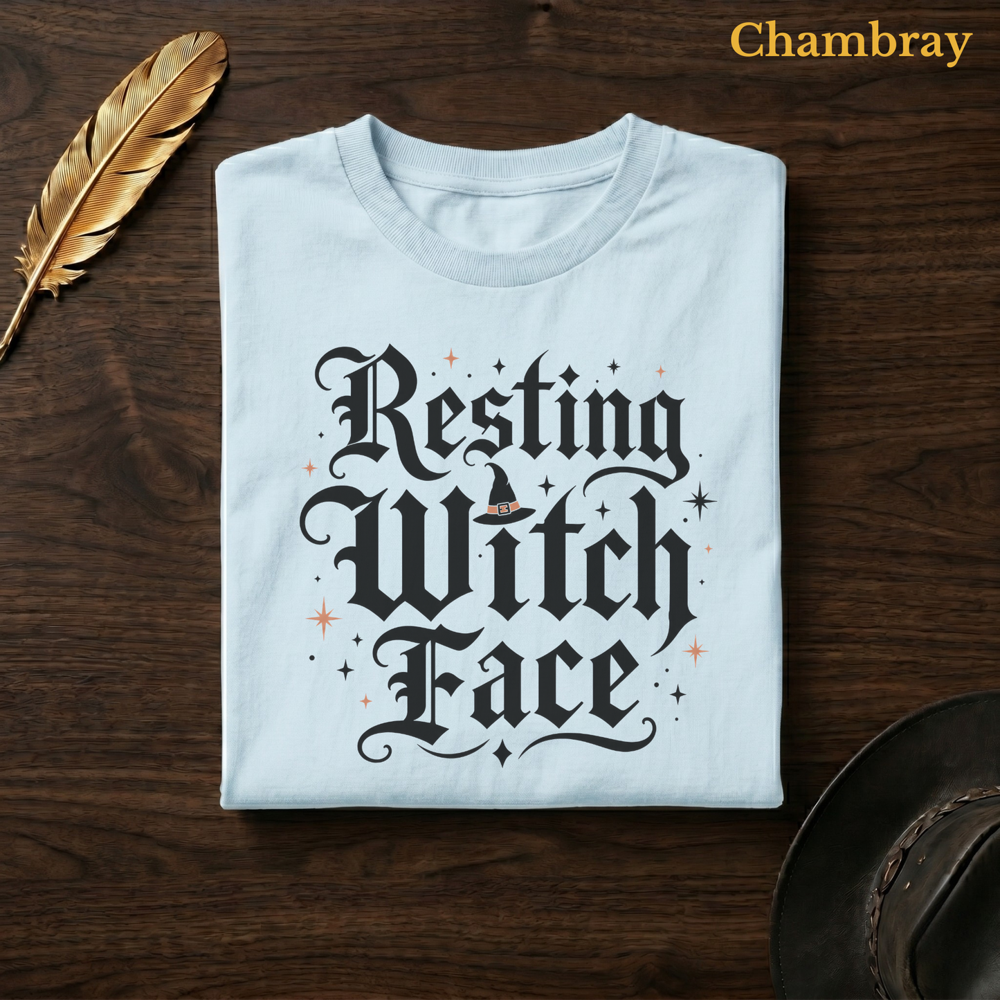 Resting Witch Face tee in Chambray, a soft pale blue garment-dyed shirt folded flat on dark walnut wood beside a gold feather and a leather hat, the witchy humor lettering design on the chest, labelled Chambray.