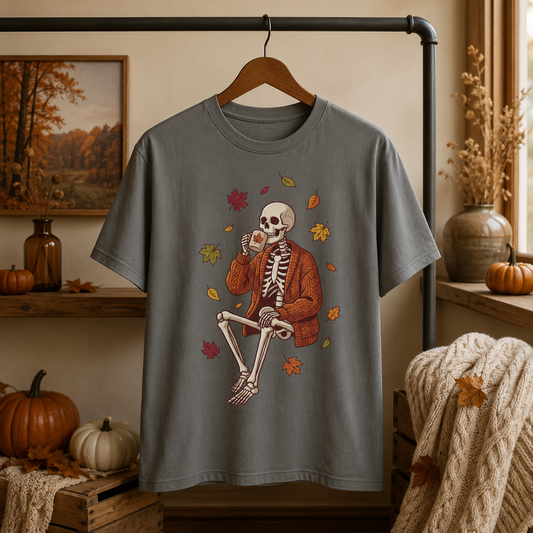 Cute skeleton tee in Pepper on a wooden hanger against a wall styled with a framed autumn forest painting, dried flowers, mini pumpkins, and a knit throw, the Sweater Weather Skeleton design centred on the chest.

