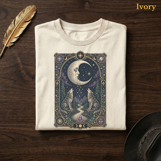 Moon tarot tee in Ivory, folded flat on dark walnut wood beside a gold feather and a leather hat, the gilt tarot border, moon, and wolves design on the chest, labelled Ivory.
