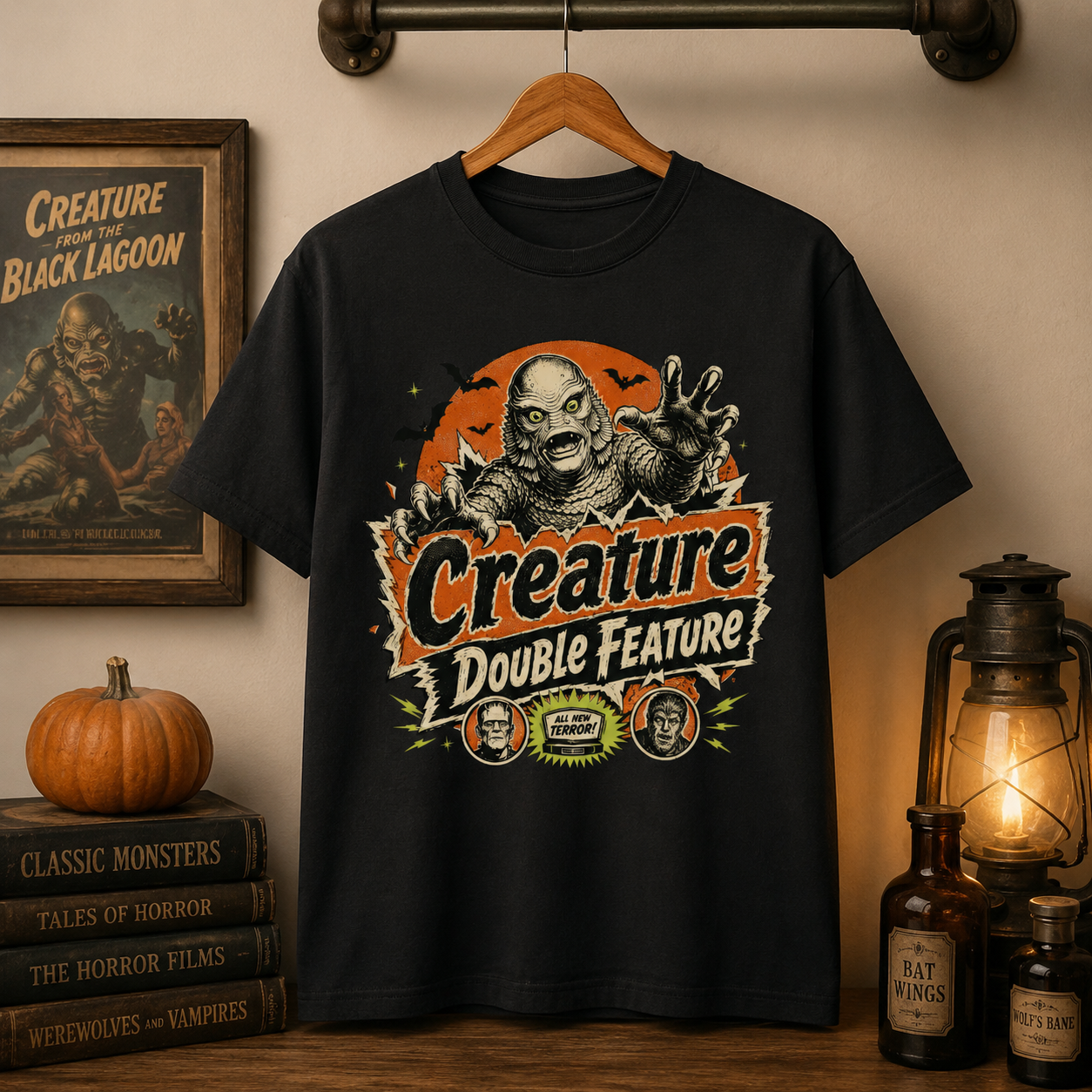 Pulp horror tee in Black on a wooden hanger against a wall styled with a framed vintage monster-movie poster, a stack of classic horror novels, a pumpkin, and an antique oil lamp, the Creature Double Feature design centred on the chest.
