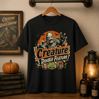 Pulp horror tee in Black on a wooden hanger against a wall styled with a framed vintage monster-movie poster, a stack of classic horror novels, a pumpkin, and an antique oil lamp, the Creature Double Feature design centred on the chest.
