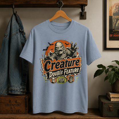50s halloween tee in Blue Jean on a wooden hanger beside a denim jacket, a framed vintage movie poster, and an antique wooden shipping crate, the retro monster design on the chest.
