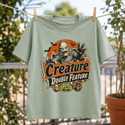 Retro monster tee in Blue Spruce clipped to an outdoor clothesline among greenery, the Creature Double Feature swamp monster and title-card design centred on the chest.
