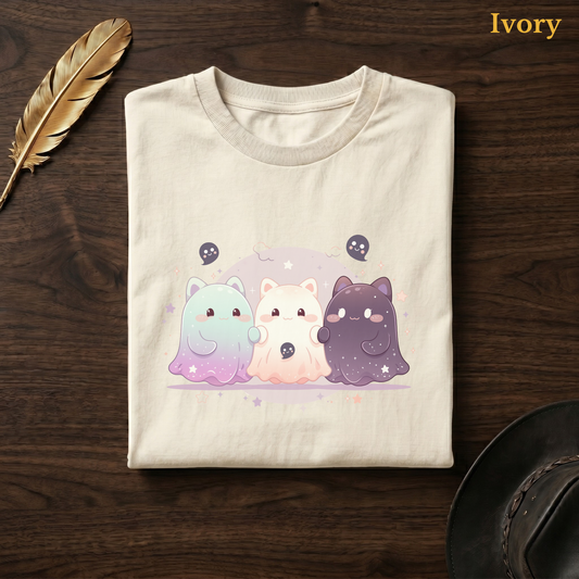 Star ghost tshirt in Ivory, folded flat on dark walnut wood beside a gold feather and a leather hat, the galaxy gradient cat-ghost, moon, and sparkle design on the chest, labelled Ivory.