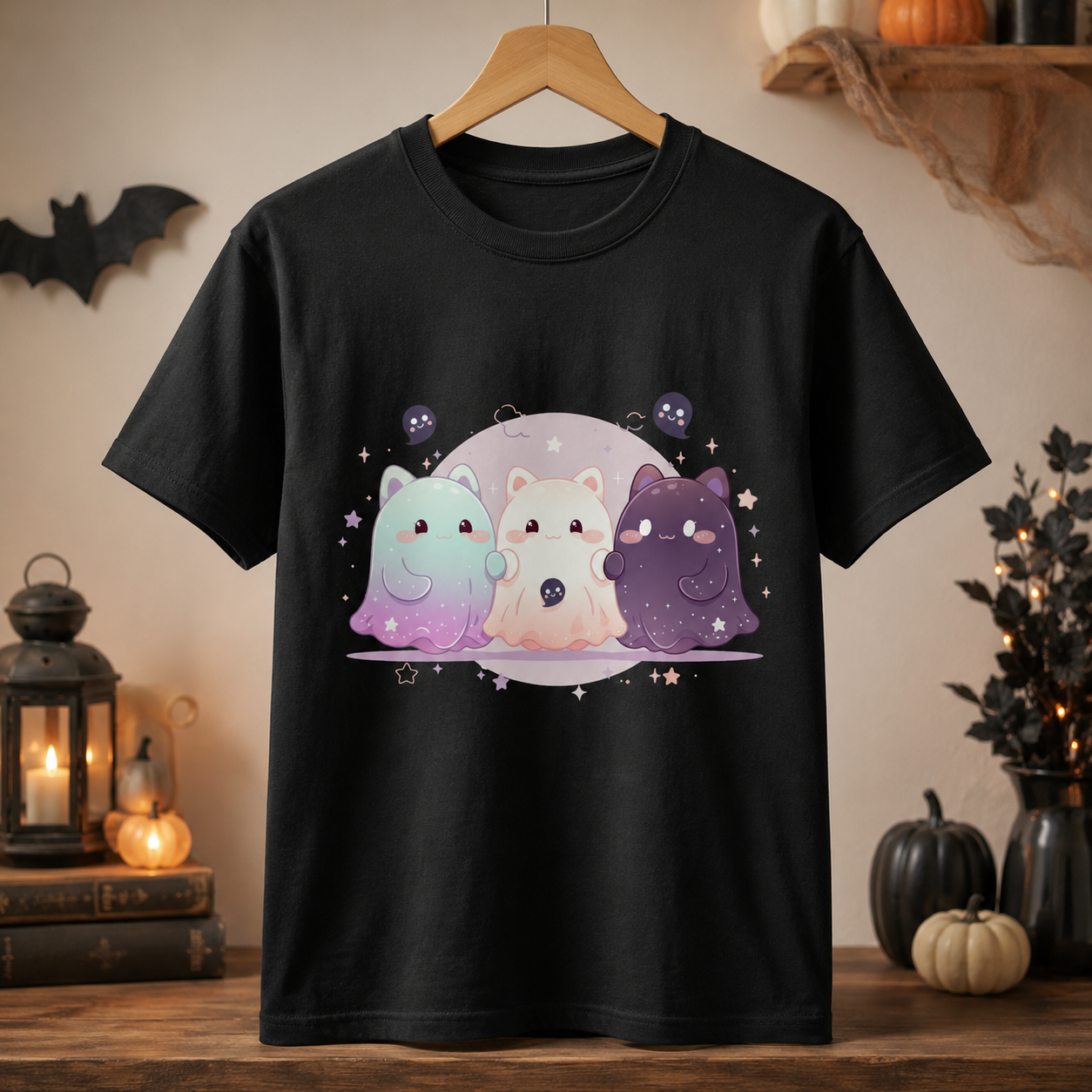 Galaxy ghost shirt in Black on a wooden hanger against a wall styled with pumpkins, a lit candle, and a hanging bat decoration, the celestial cat-ghost trio design centred on the chest.
