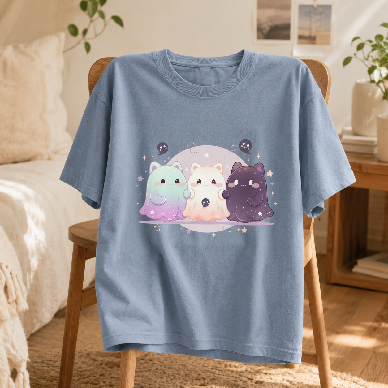Cosmic kawaii shirt in Blue Jean draped over a wooden chair beside a bed with cream pillows and a potted plant, framed photos on the wall behind, the moonlit cat-ghost trio design on the chest.

