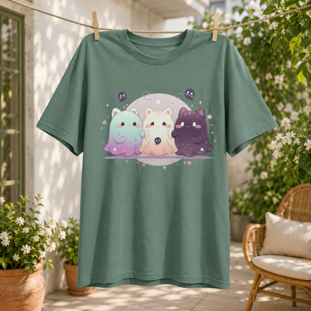 Moonlit ghost trio tee in Blue Spruce clipped to a clothesline in a garden setting with white flowers, potted plants, and a wicker chair nearby, the galaxy cat-ghost design centred on the chest.
