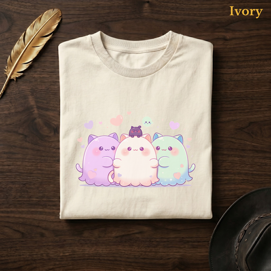 Rainbow ghost tee in Ivory, folded flat on dark walnut wood beside a gold feather and a leather hat, the chubby pastel cat-ghost, blob creature, and heart design on the chest, labelled Ivory.