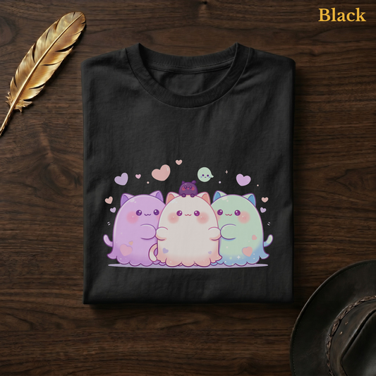 Ghoul Friends tee in Black, folded flat on dark walnut wood beside a gold feather and a leather hat, the glossy pastel cat-ghost trio design printed on the chest, labelled Black.