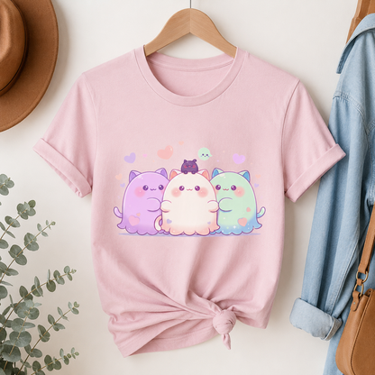 Ghoul Friends tee in Blossom, knotted at the hem and hung on a wooden hanger beside a straw hat and a denim jacket, the chubby pastel cat-ghost trio design centred on the chest.