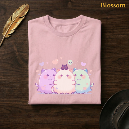 Ghoul Friends tee in Blossom, a soft pastel pink garment-dyed shirt folded flat on dark walnut wood beside a gold feather and a leather hat, the chunky cat-ghost design on the chest, labelled Blossom.