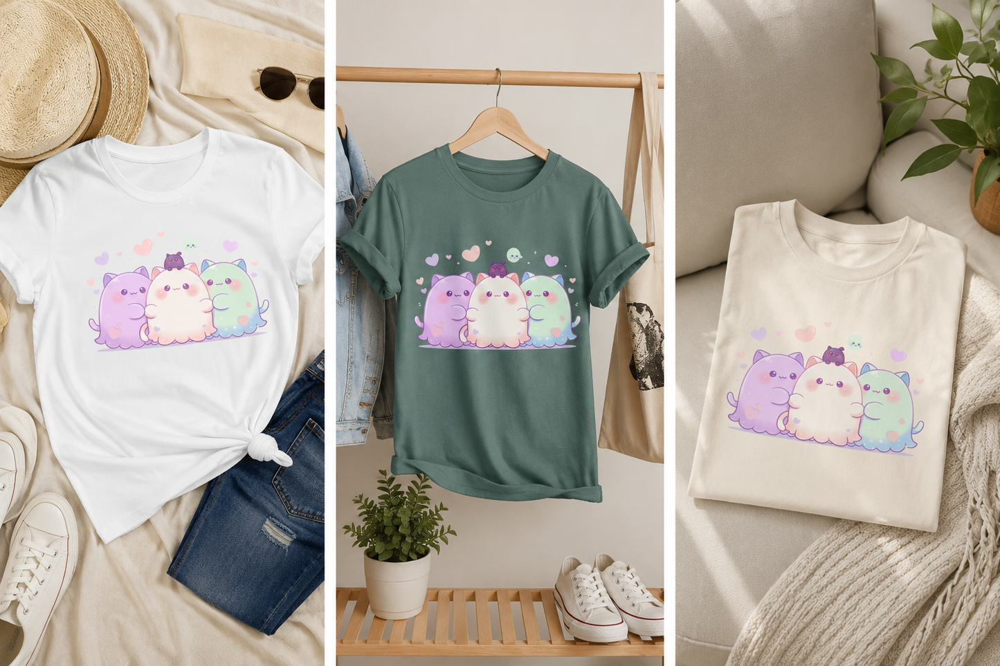 Cat ghost hug tee shown in three settings: White knotted and paired with jeans and sneakers, Blue Spruce hanging on a clothing rack beside a tote bag and potted plant, and Ivory folded on a couch with a knit throw, the Ghoul Friends design on each chest.
