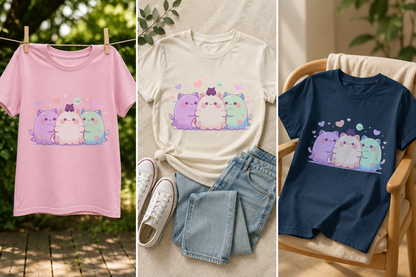 Kawaii blob ghost tee shown in three settings: Blossom clipped to an outdoor clothesline among green leaves, Ivory knotted and paired with folded jeans and white sneakers, and True Navy draped over a wooden chair, the cat-ghost trio design on each chest.