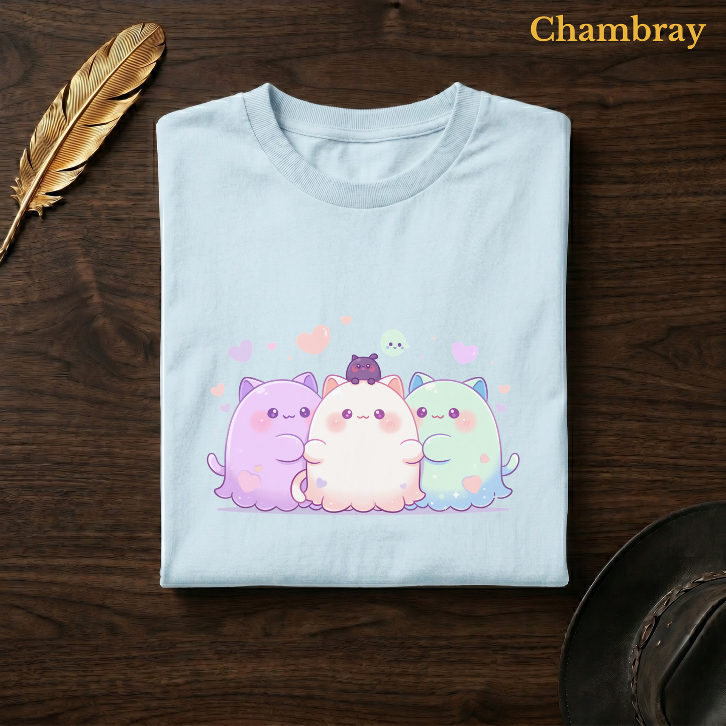 Ghoul Friends tee in Chambray, a soft pale blue garment-dyed shirt folded flat on dark walnut wood beside a gold feather and a leather hat, the squishy cat-ghost trio design on the chest, labelled Chambray.
