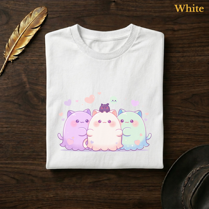 Adorable ghost gift tee in White, folded flat on dark walnut wood beside a gold feather and a leather hat, the full-colour chubby cat-ghost trio and blob creature design printed on the chest, labelled White.
