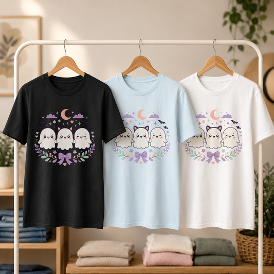 Ghoul Friends tee shown in Black, Chambray, and White on wooden hangers on a clothing rack, with folded knit sweaters and a potted plant nearby, the kawaii ghost trio design centred on each chest.