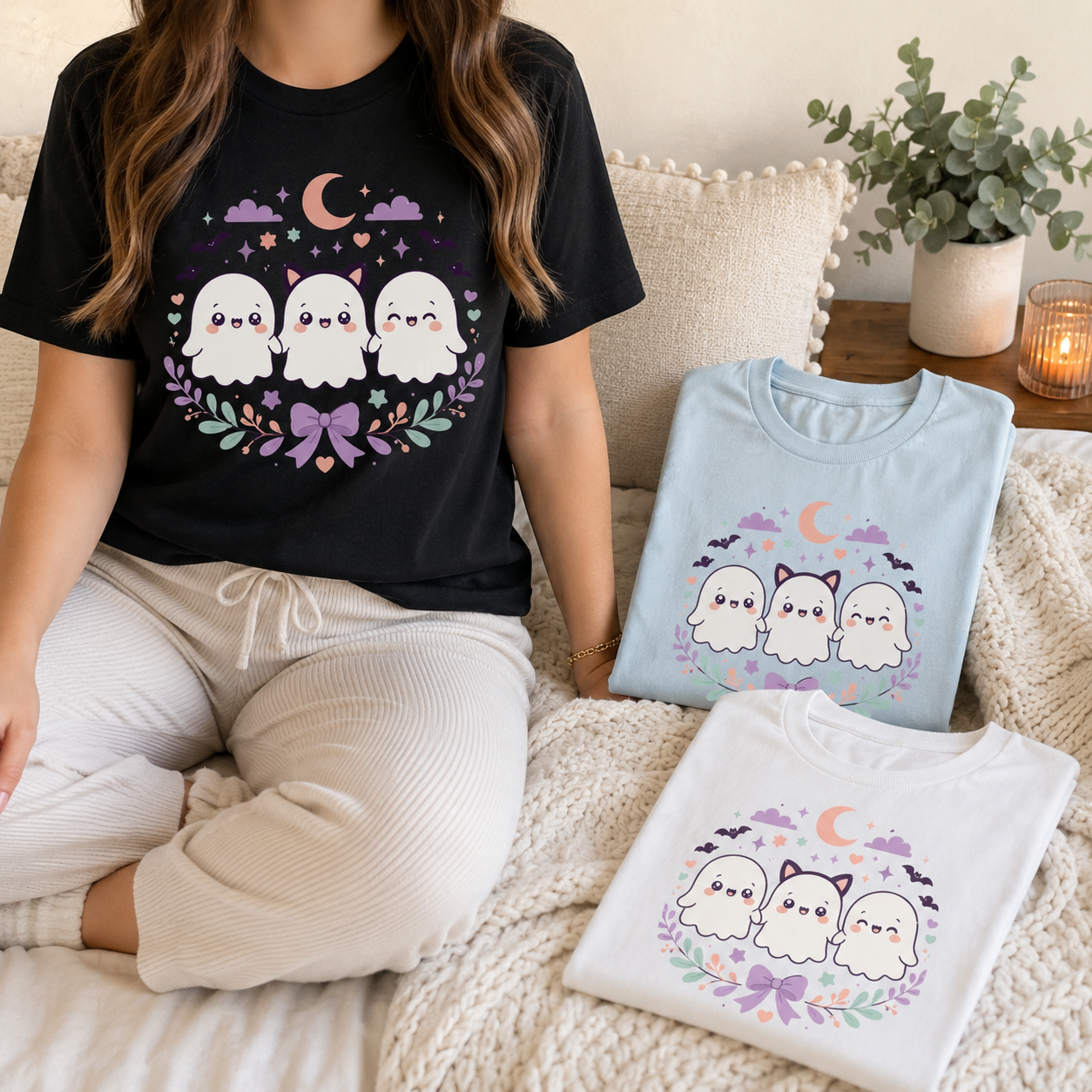 Cute ghost shirt in Black worn by a woman seated on a couch, with folded Chambray and White tees and a lit candle beside her, the three kawaii ghosts and cat-ear design on the chest.