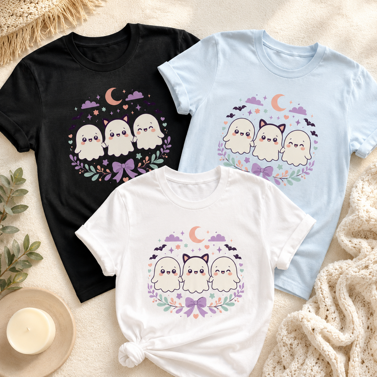 Kawaii ghost tee shown in Black, Chambray, and White laid flat on a cream rug with a woven mat, a candle, and a knit throw, the White tee knotted at the hem, the Ghoul Friends design on each chest.