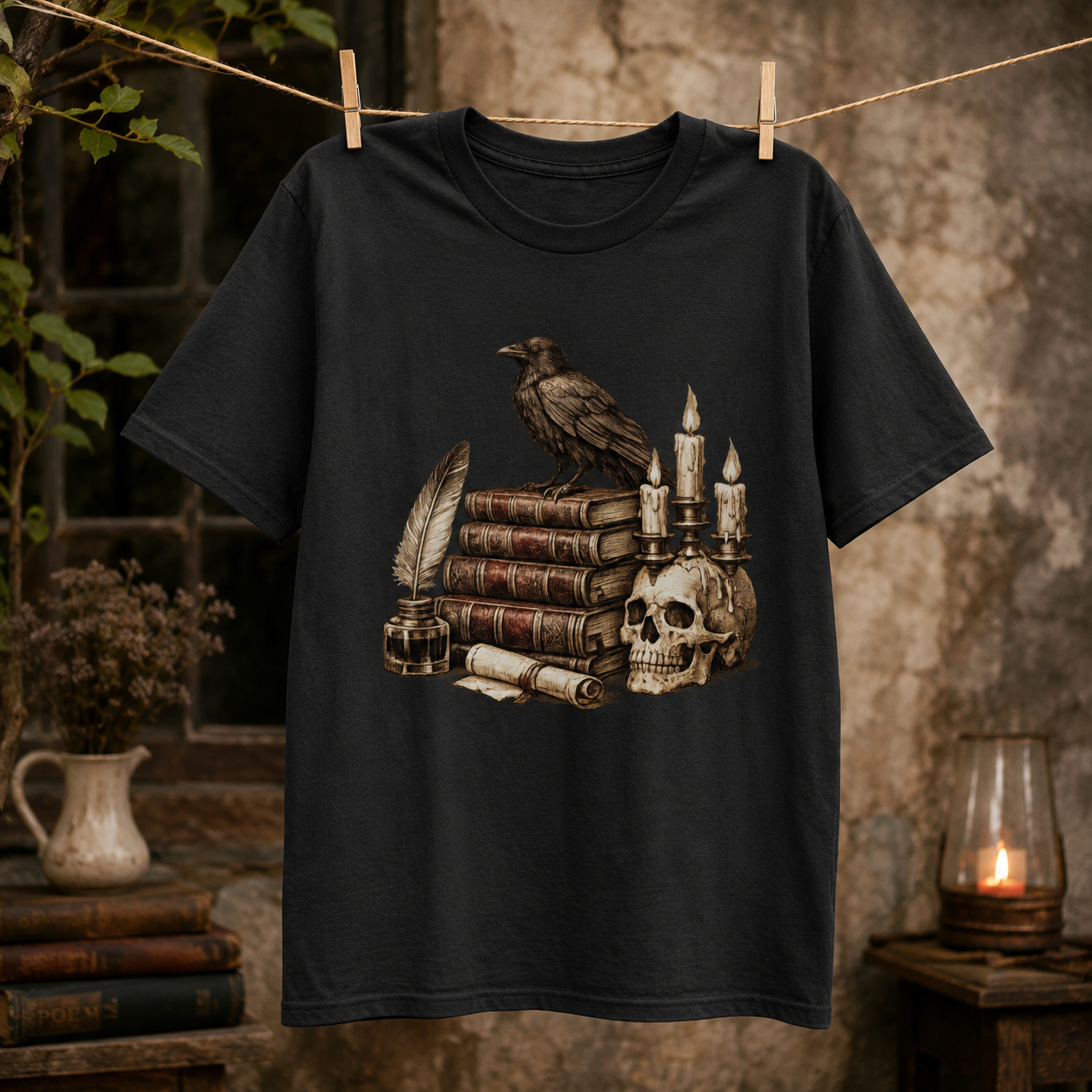 Dark academia shirt in Black clipped to a clothesline outside a weathered stone wall with climbing ivy and a shuttered window, the raven, books, and skull candelabra design centred on the chest.
